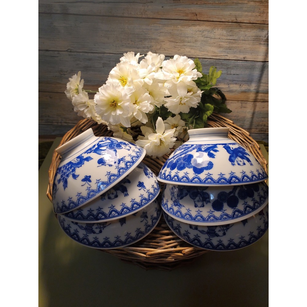 Set of 6 Blue White Porcelain Rice Soup Bowls Asian Style - Picture 3 of 5